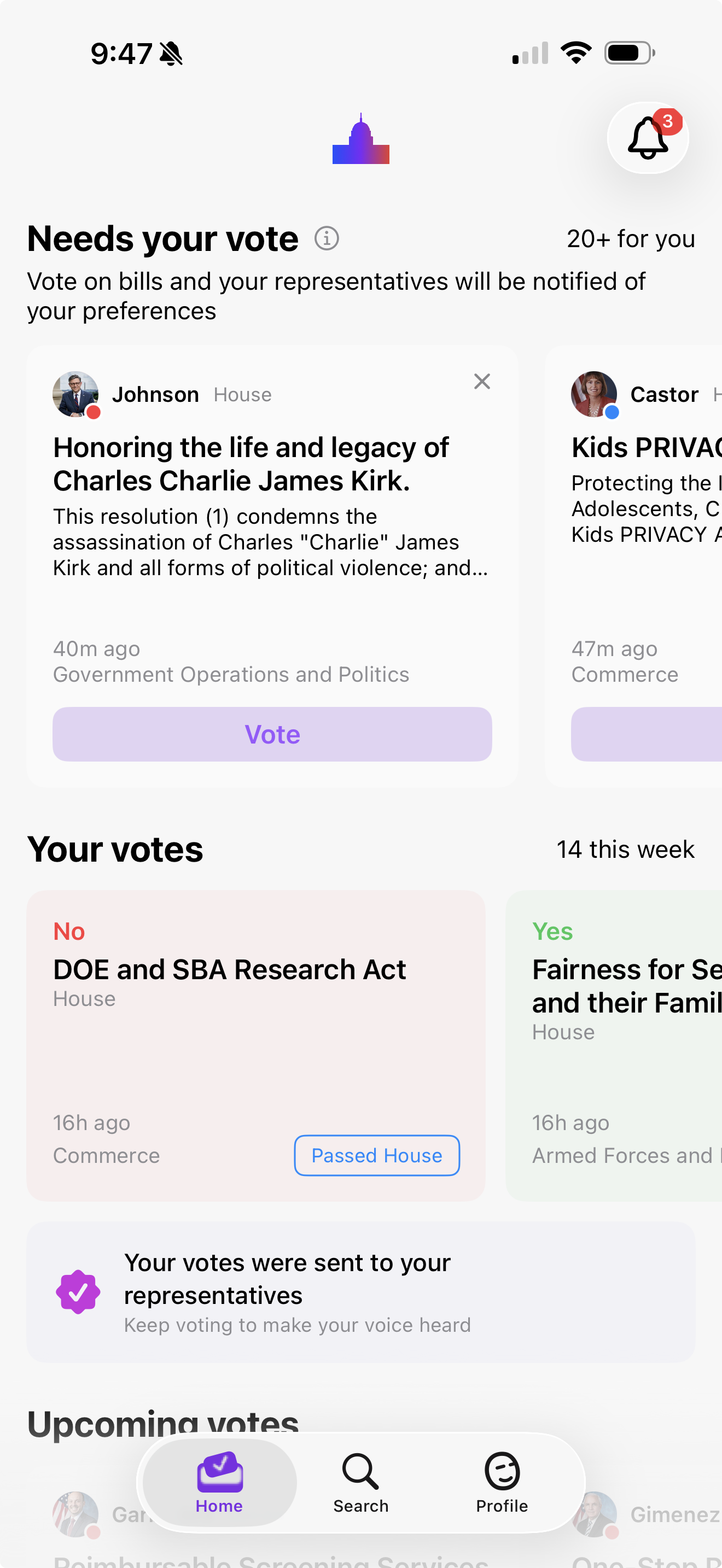 Breakdown app screenshot showing bills and voting