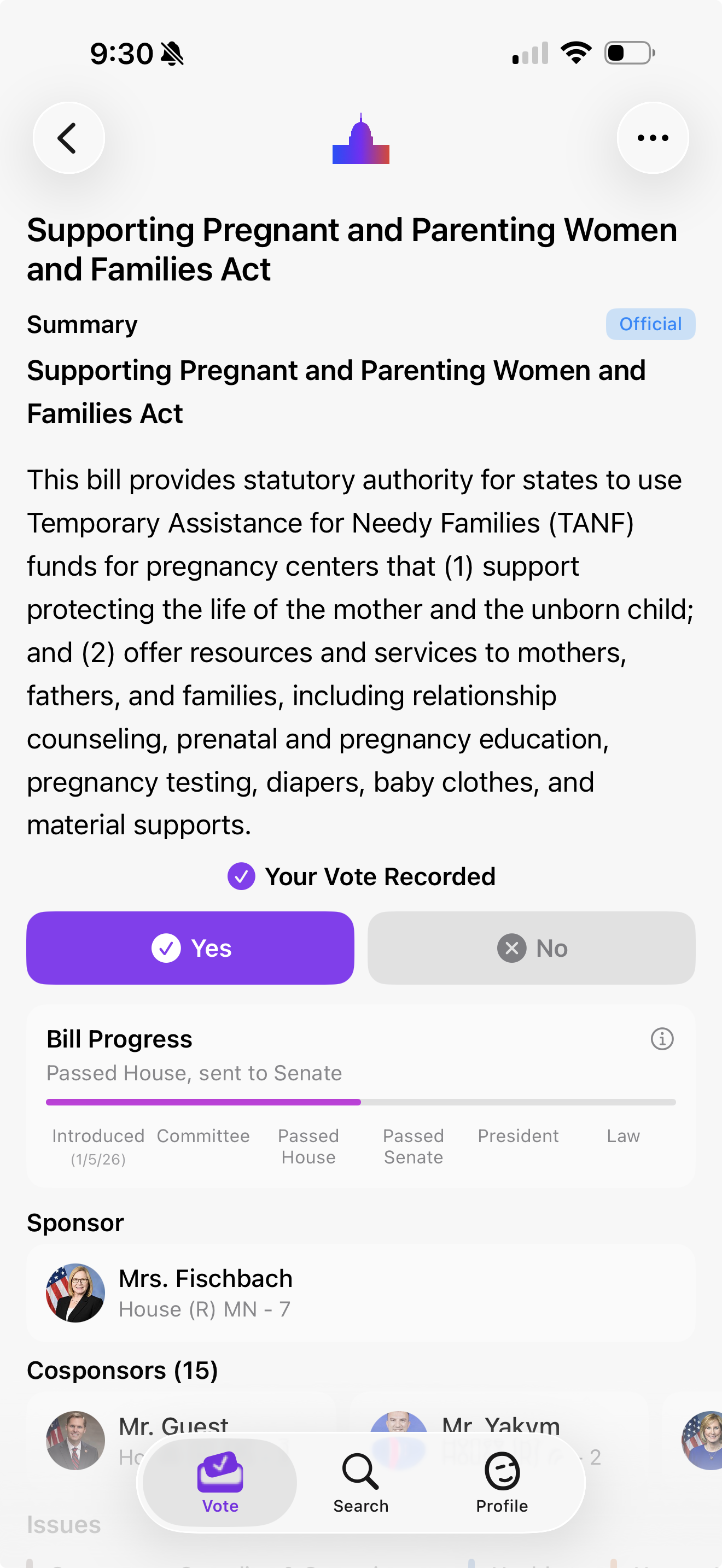 Breakdown app screenshot showing bills and voting