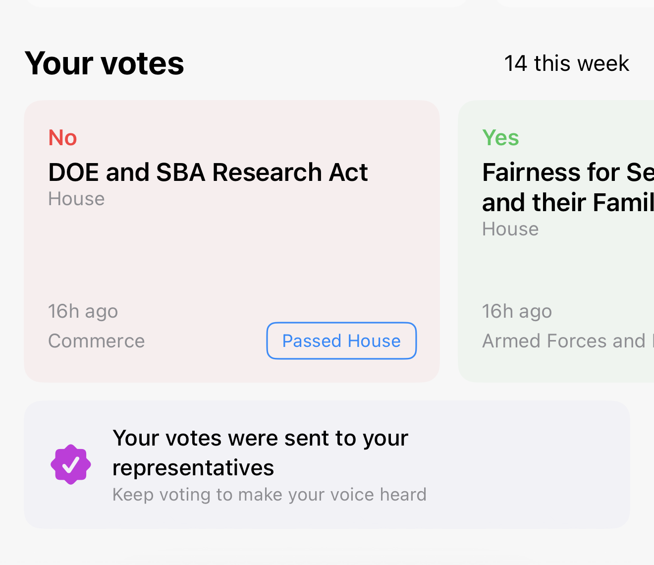 Your votes showing Yes and No votes on bills sent to representatives