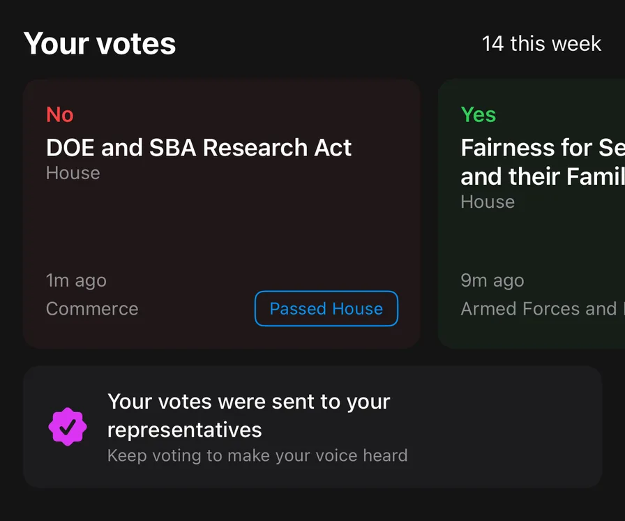 Your votes showing Yes and No votes on bills sent to representatives